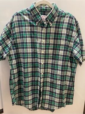 Brooks Brothers 346 Button Down Shirt Mens L Seersucker Gingham Short Sleeve